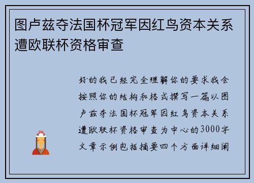 图卢兹夺法国杯冠军因红鸟资本关系遭欧联杯资格审查 图卢兹夺法国杯冠军因红鸟资本关系遭欧联杯资格审查